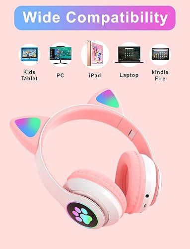 Miniatura 5 de TOKANI - Auriculares inalámbricos Bluetooth con orejas de gato para niños, adolescentes y adultos, con micrófono (Rosa)