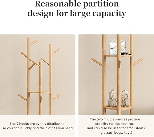 Miniatura 8 de KungFuWood Perchero rotativo, perchero de madera independiente con 3 estantes y 9 ganchos, perchero resistente y fácil de montar para entrada,