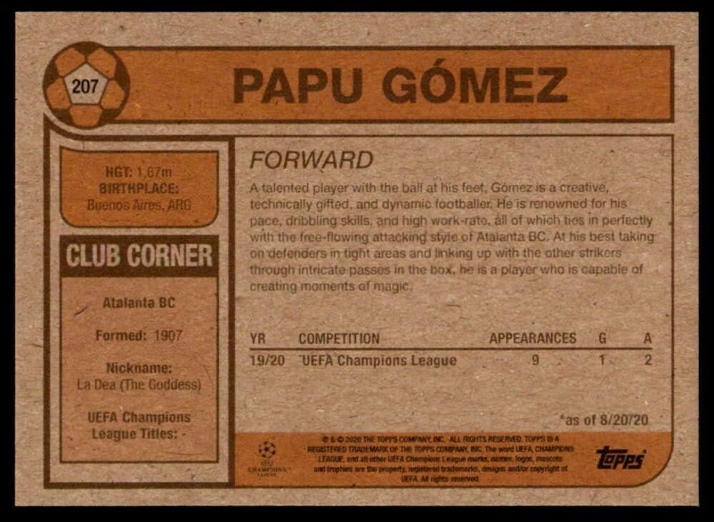 2020 Topps The UCL Living Set UEFA Champions League #207 Alejandro Papu Gomez Atalanta Official Soccer Futbol Trading Card LIMITED PRINT RUN