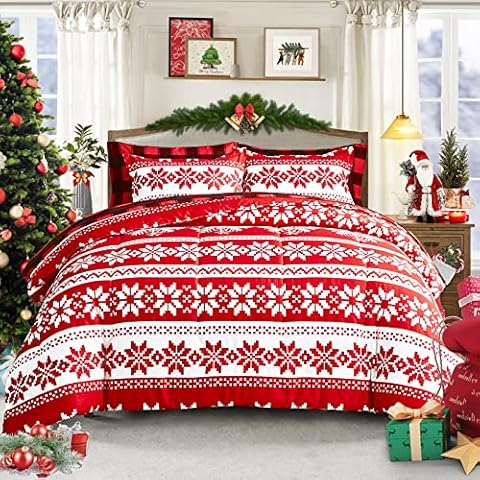 Christmas Bed in a Bag 7 Pieces King, Red and White Snowflake Design, Soft Microfiber Comforter Set for All Season (1 Comforter, 2 Pillow Shams, 1 Flat Sheet, 1 Fitted Sheet, 2 Pillowcases) Cover