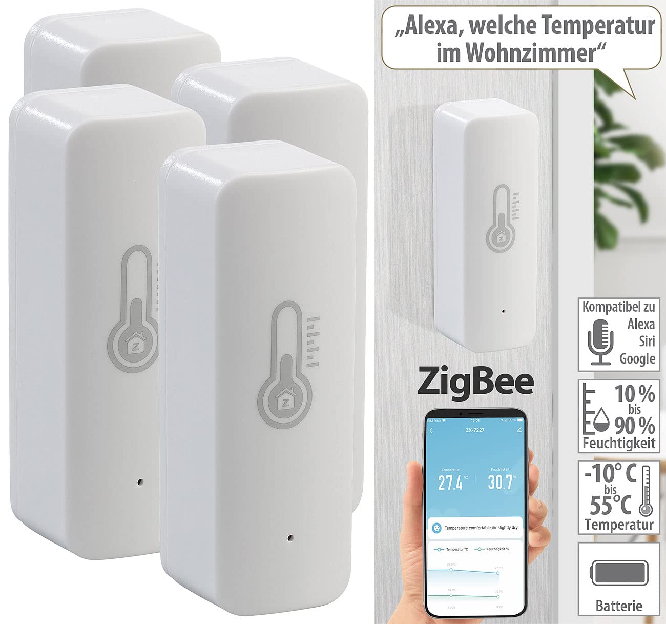 Luminea Home Control Smart Home Thermometer: 4er-Set ZigBee-Temperatur- & Luftfeuchtigkeits-Sensoren mit App (Temperatur Datenlogger, Smart Home Thermometer ZigBee, Infrarotheizung)