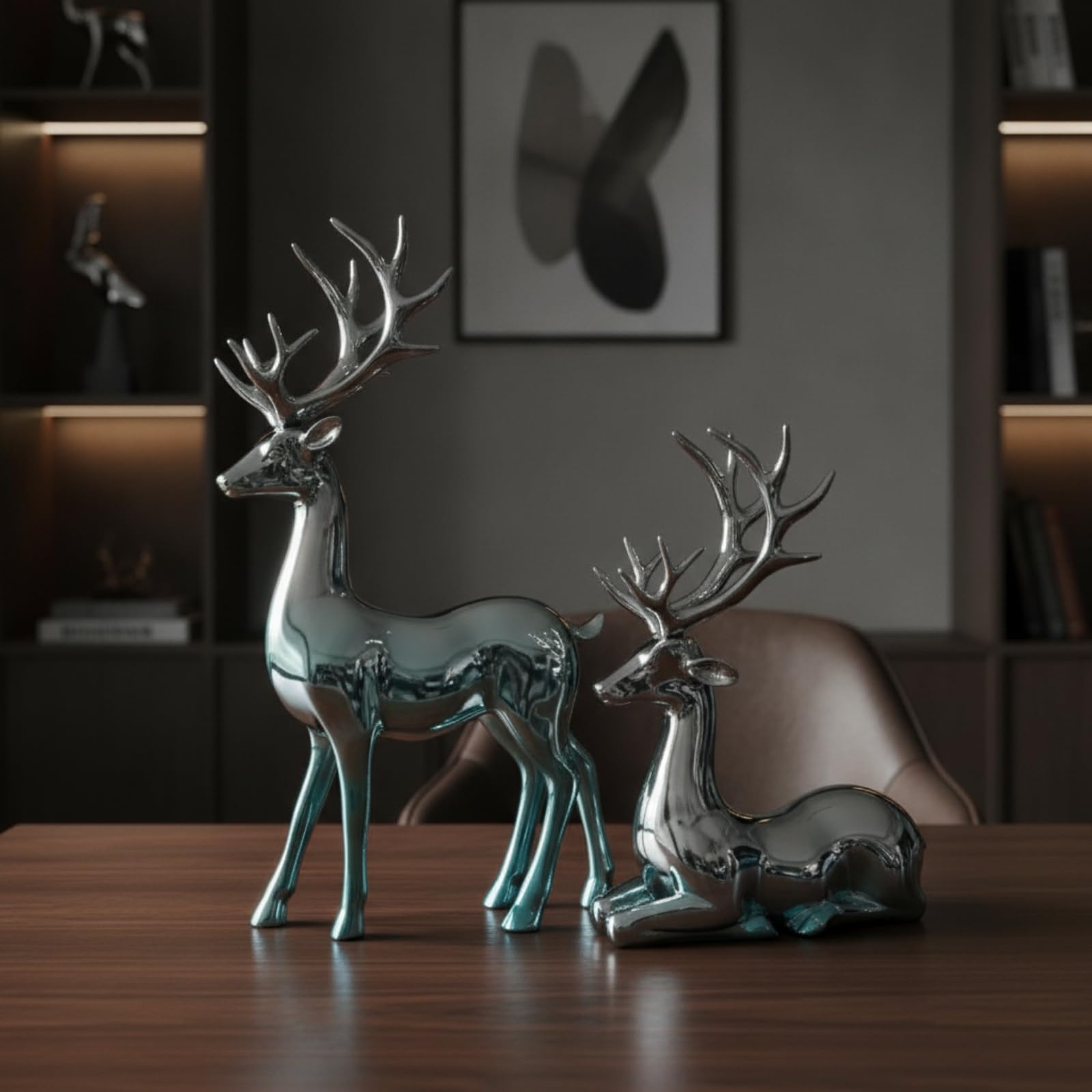 Figura de Ciervo Estatua Escultura Adorno Ornamento con Diseño Elegante y Brillo Espejo en Resina Combina con Interiores Modernos Adecuada para Mueble, Azul