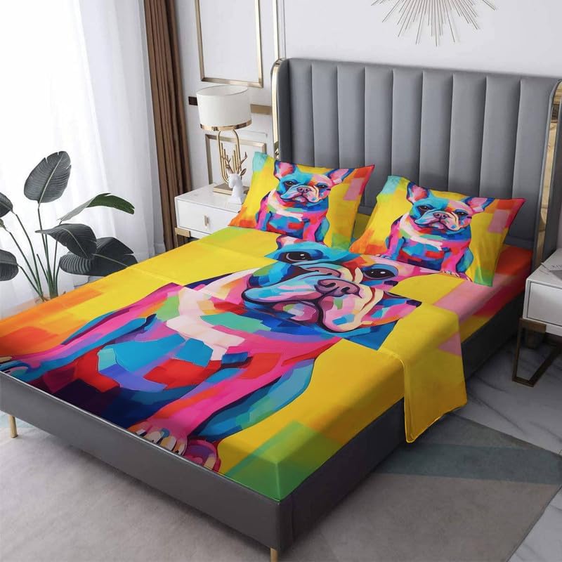 zcsm Juego de sábanas tamaño individual sábanas de bulldog francés, sábanas y fundas de almohada coloridas para cachorros, microfibra suave,