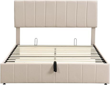 Queen Size Upholstered Platform Bed with Hydraulic Storage - Stylish Beige