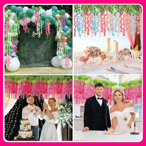 Image of SATYAM KRAFT 12 Pcs (43.2 inch) Artificial Wisteria Vine Garland | Long Silk Hanging Flowers String for Wedding Decoration Items, Mandap, Birthday Party, Festival Event & Home Decor (Rani)