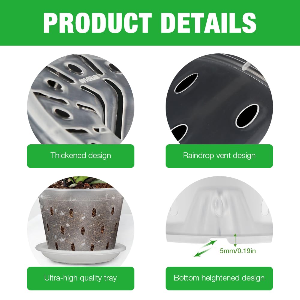 HIULLEN Clear Orchid Pot, 5 Pcs 16cm Plastic Plant Pots with Drainage Hole and Tray, Seed Seedling Pots, House Plant Pots - Image 3