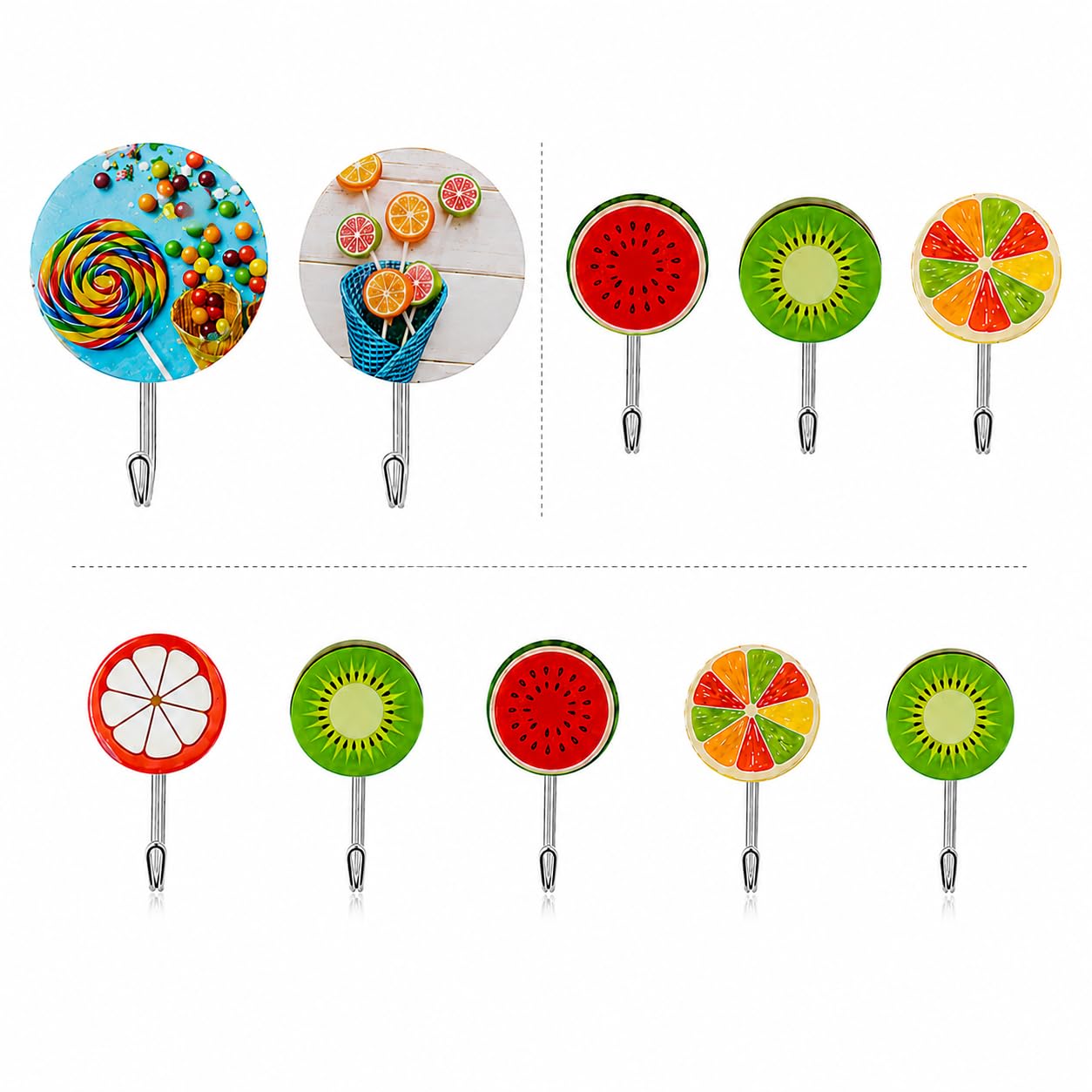 Jukusa Colorful Cartoon Decorative Wall Hooks | Round Shape Adhesive Hooks, Fast Easy Mounting, 2 kg Load Capacity | Kids Room Decor & Home Organization (Pack of 10)-image-42