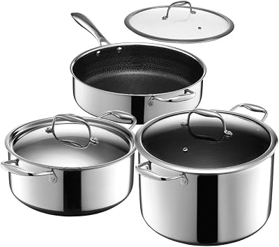 HexClad Hybrid Nonstick 6-Piece Cookware Set, 5-Litre Dutch Oven with Lid, 5.5-Litre Saut  Pan with Lid, and 10-Litre Stockpot, Stay-Cool Handles, Dishwasher and Oven-Safe, Induction Ready