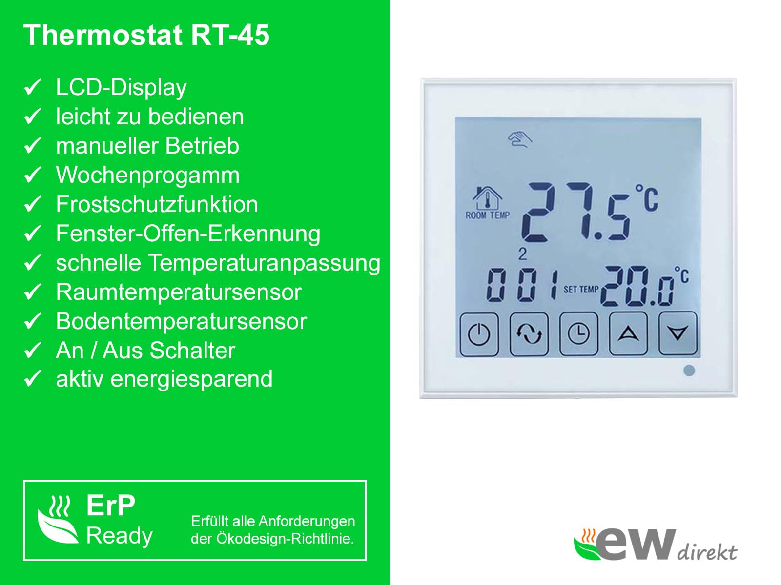 elektrische Fußbodenheizung AluPro 140 für Laminat/Klickvinyl mit Thermostat RT-45 (8 m² - 0,5 x 16 m)