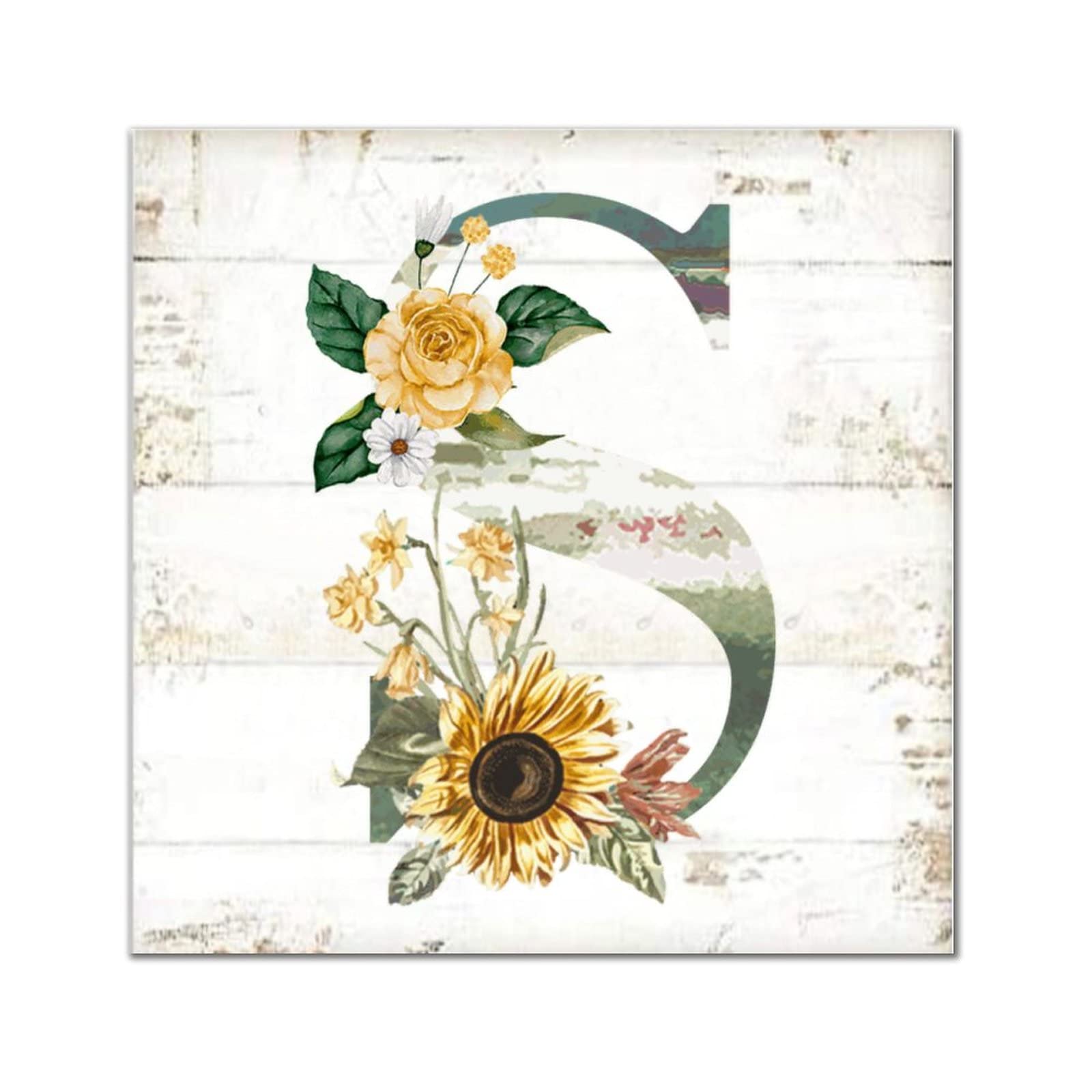 Lettres en bois monogramme S déco murale verte tournesol