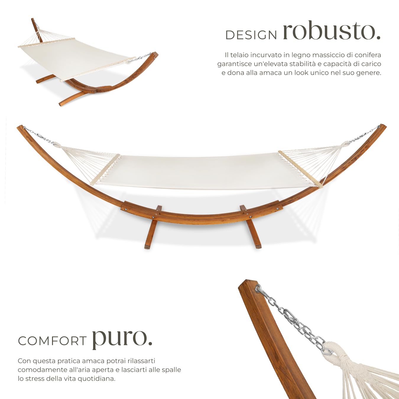 tectake® Amaca XXL Regolabile in Altezza, Comoda Amaca Matrimoniale, Amaca con Supporto in Legno, Design Elegante, Capacità di Carico Fino a 200 kg - Bianco