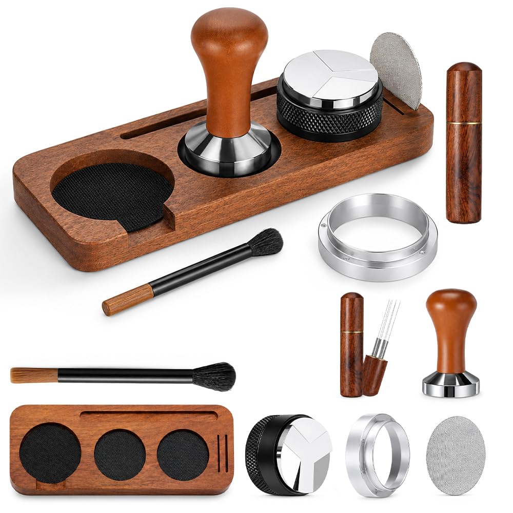 Kit Barista 51mm, HOVCEH Kit Cafe, Kit Barista Café 7 Piezas Incluye Prensador, Herramienta WDT, Distribuidor, Embudo de Dosificación, Rejilla para Discos, Estación de Prensado y Cepillo de Limpieza