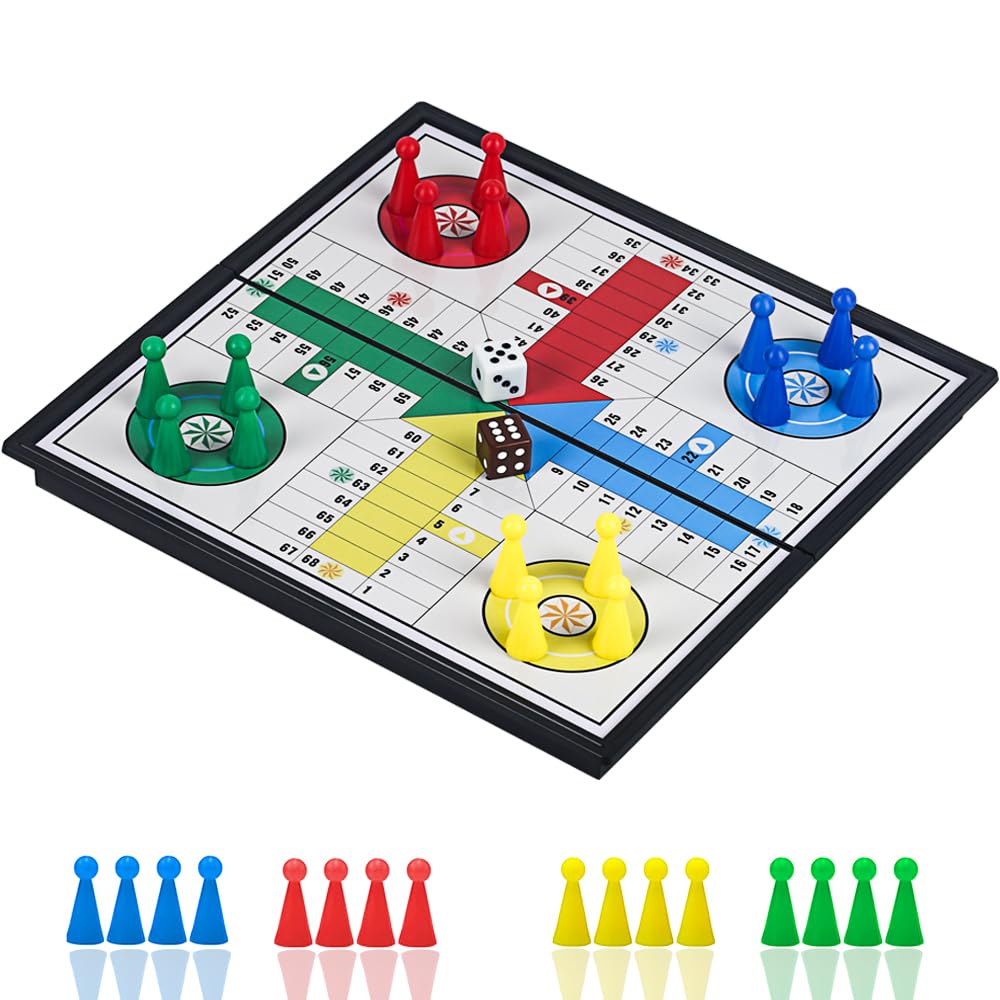 Ludo Game Board Set -9.8”, Magnetic Folding Travel Classic Strategy Game for Kids and Adults (Right Angled)