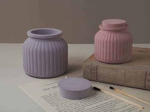 Miniatura 9 de Juego de 2 moldes de silicona para tarros de velas, 2 tamaños, recipientes para velas con tapas, moldes redondos a rayas para hacer yeso epoxi UV,