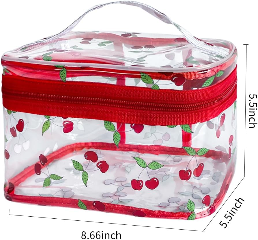 Cherry Clear Cosmetic Bag Transprent Clear Makeup Bag Travel Pouch with Handle-Durable PVC Material,Versatile,Zipper Design for Smooth Sliding-Ideal for Makeup,Travel Essentials (Cherry) - Image 3