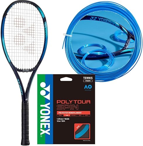 Yonex EZONE 98 (305G) - Raqueta de tenis azul cielo (agarre de 4 1/2 pulgadas) con cuerda PolyTour Spin 125 azul para un giro adicional y una