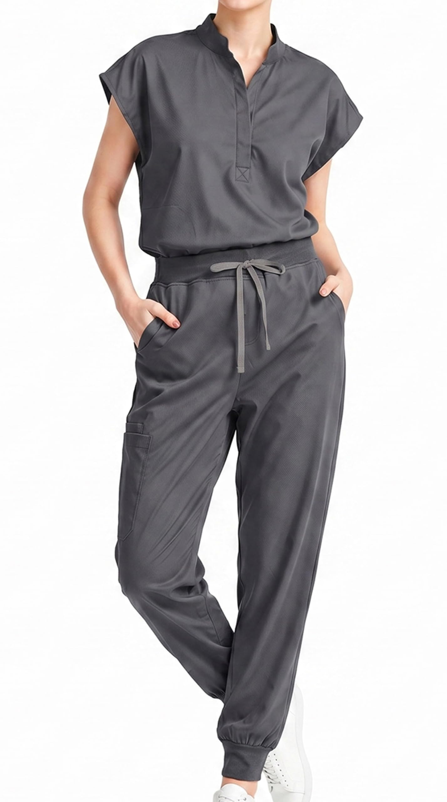 Scrubs for Women Set, Sleeveless Stand Collar Top & Jogger Pants | 8-Pocket Scrub Set with Soft Stretch Fabric, Secured Drawstring Waist, and Badge Loop for All-Day Comfort OEKO-TEX STANDARD 100