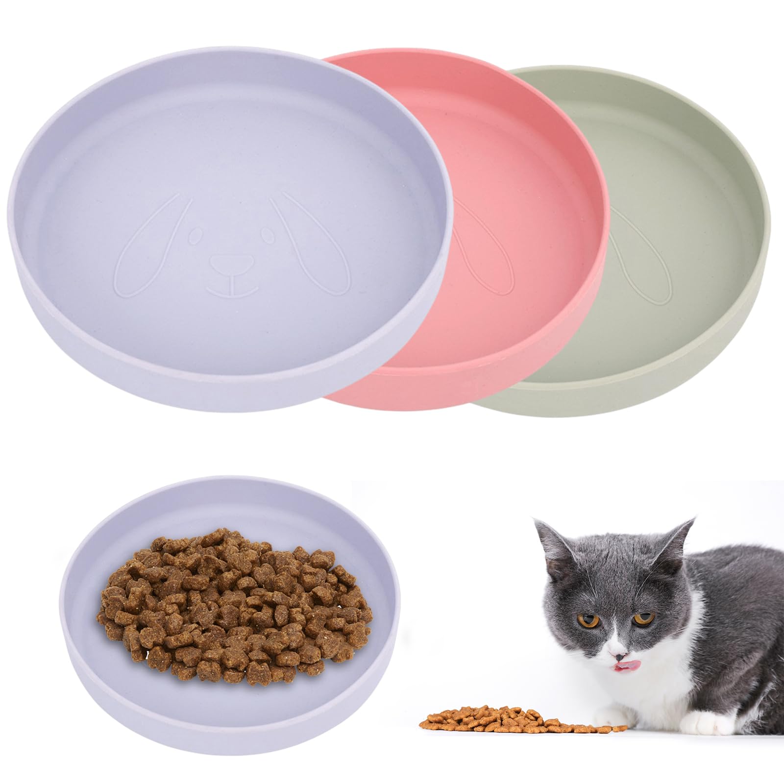 Acboor 3 cuencos para gatos, comedero para gatos, 18 cm, cuenco de silicona ancho, tricolor, para comida seca y húmeda (rosa, morado, verde)