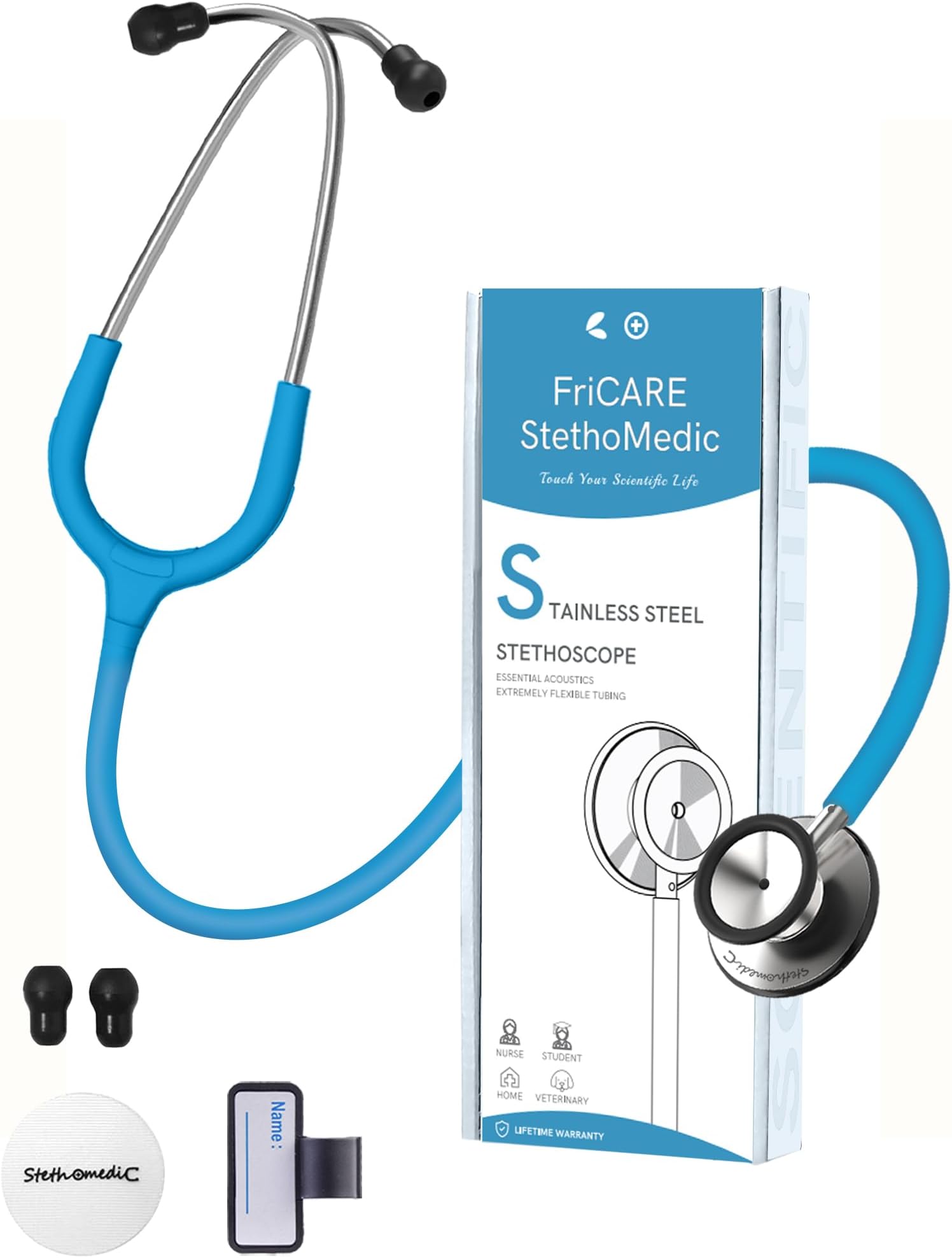 FriCARE Dual Head Stethoscope - Stethoscopes for Nurses, Medical Nursing Students, Paramedics/EMT/LVN/VNA Backup Estetoscopio, Smooth Bright Blue Tube, Stainless Steel Chestpiece
