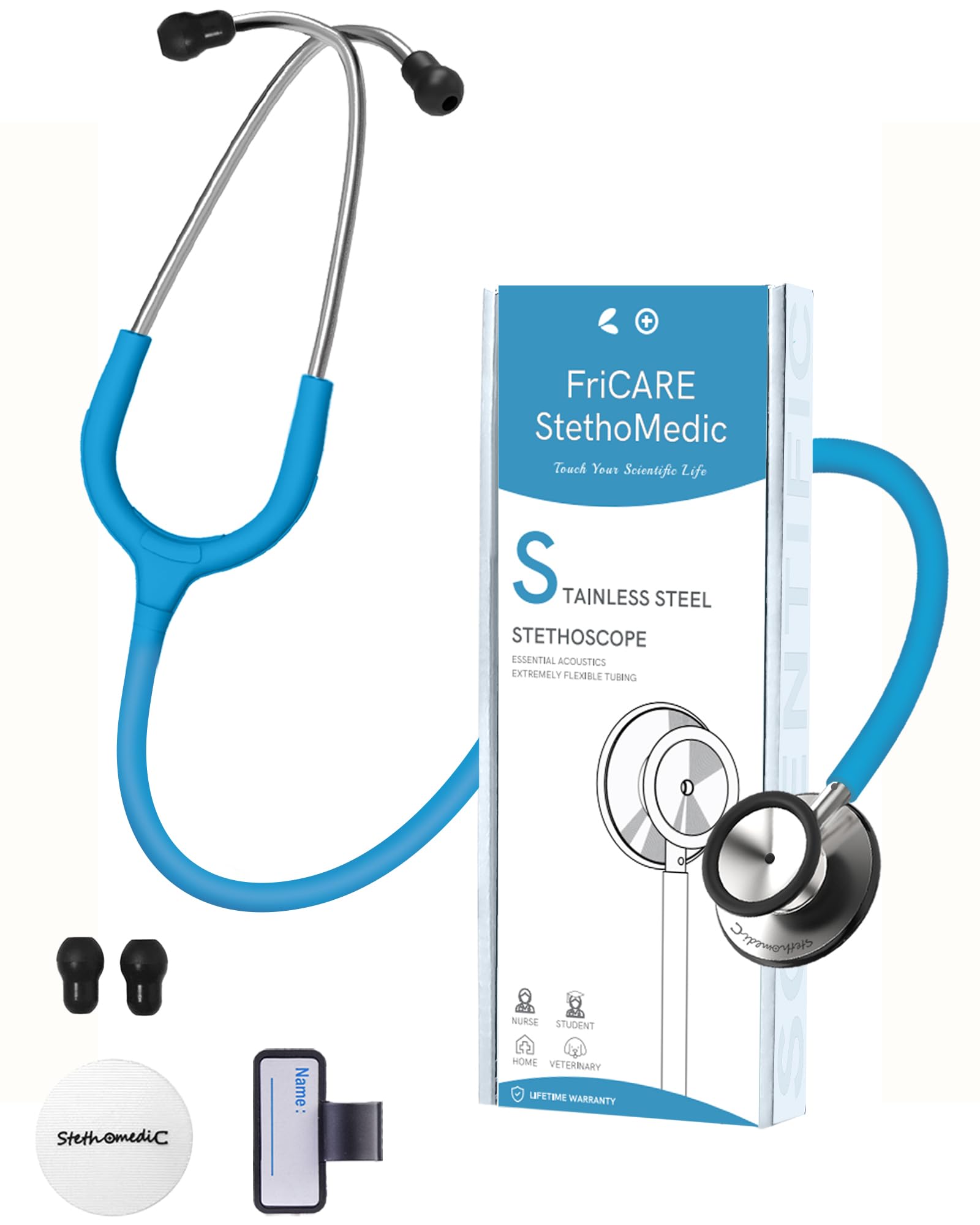 FriCARE Dual Head Stethoscope - Stethoscopes for Nurses, Medical Nursing Students, Paramedics/EMT/LVN/VNA Backup Estetoscopio, Smooth Bright Blue Tube, Stainless Steel Chestpiece