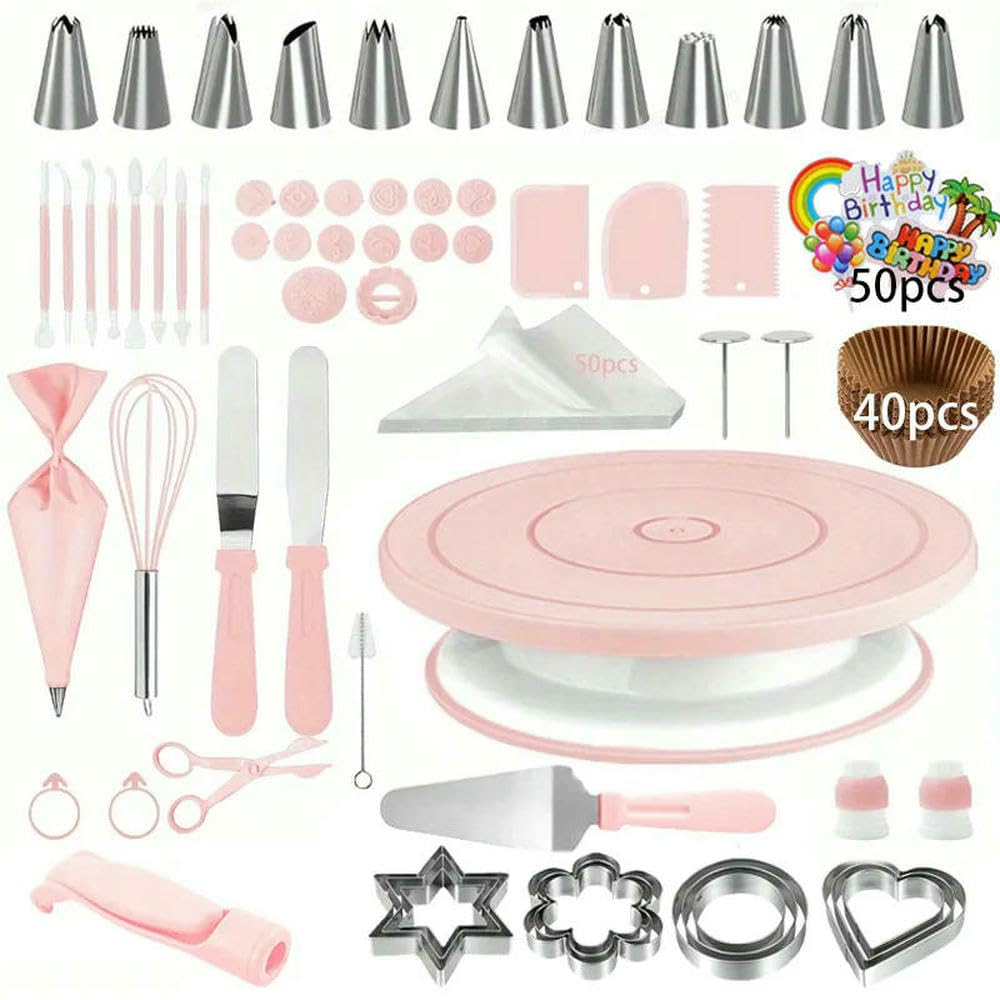 Juego de decoración de Pasteles de 204 Piezas: Plato Giratorio Antideslizante con 12 boquillas, moldes para Fondant y Herramientas Completas para repostería Profesional.