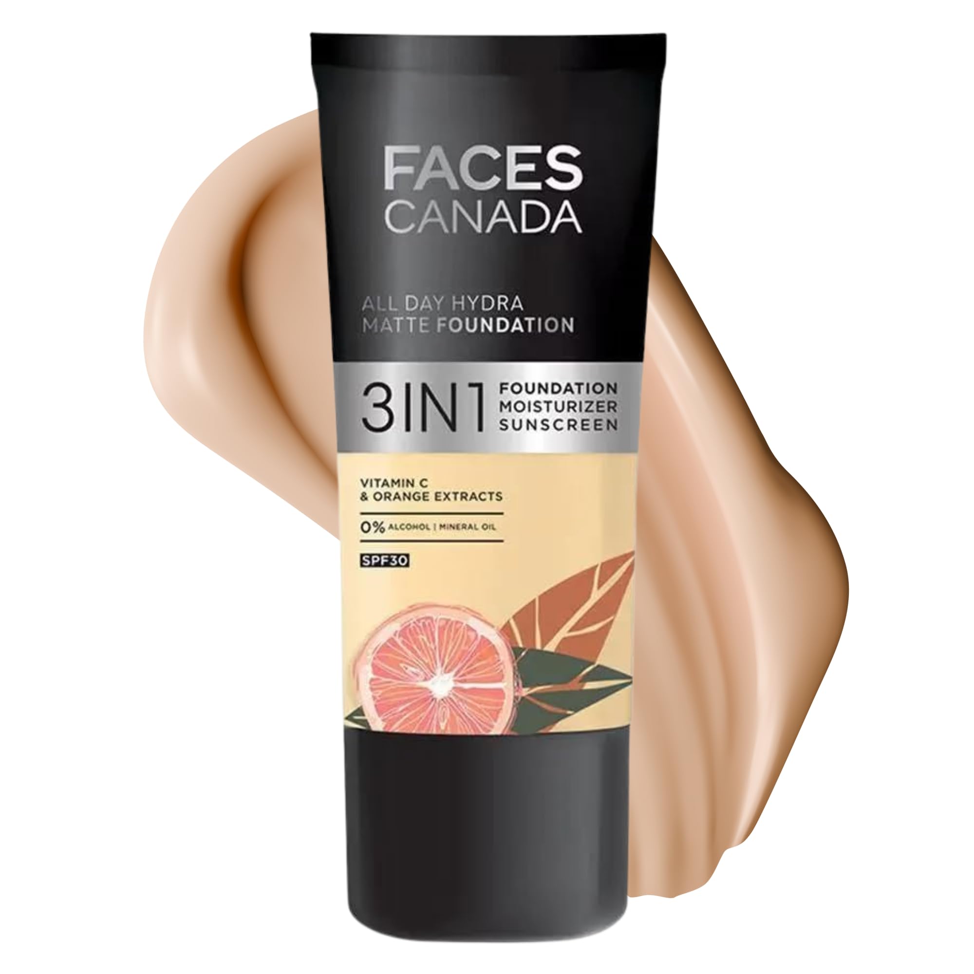FACESCANADA All Day Hydra Matte Foundation | 3-in-1 Foundation + Moisturizer + SPF 30 | 24 HR Aloe Hydration & Vitamin C | 10HR Long Wear | Medium to High Buildable Coverage | 25ml