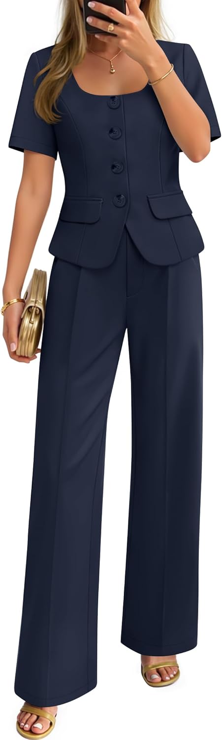 ZESICA Women's Summer Two Pieces Suits Set 2026 Short Sleeve Blazer Wide Leg Pants Business Casual Outfits Sets