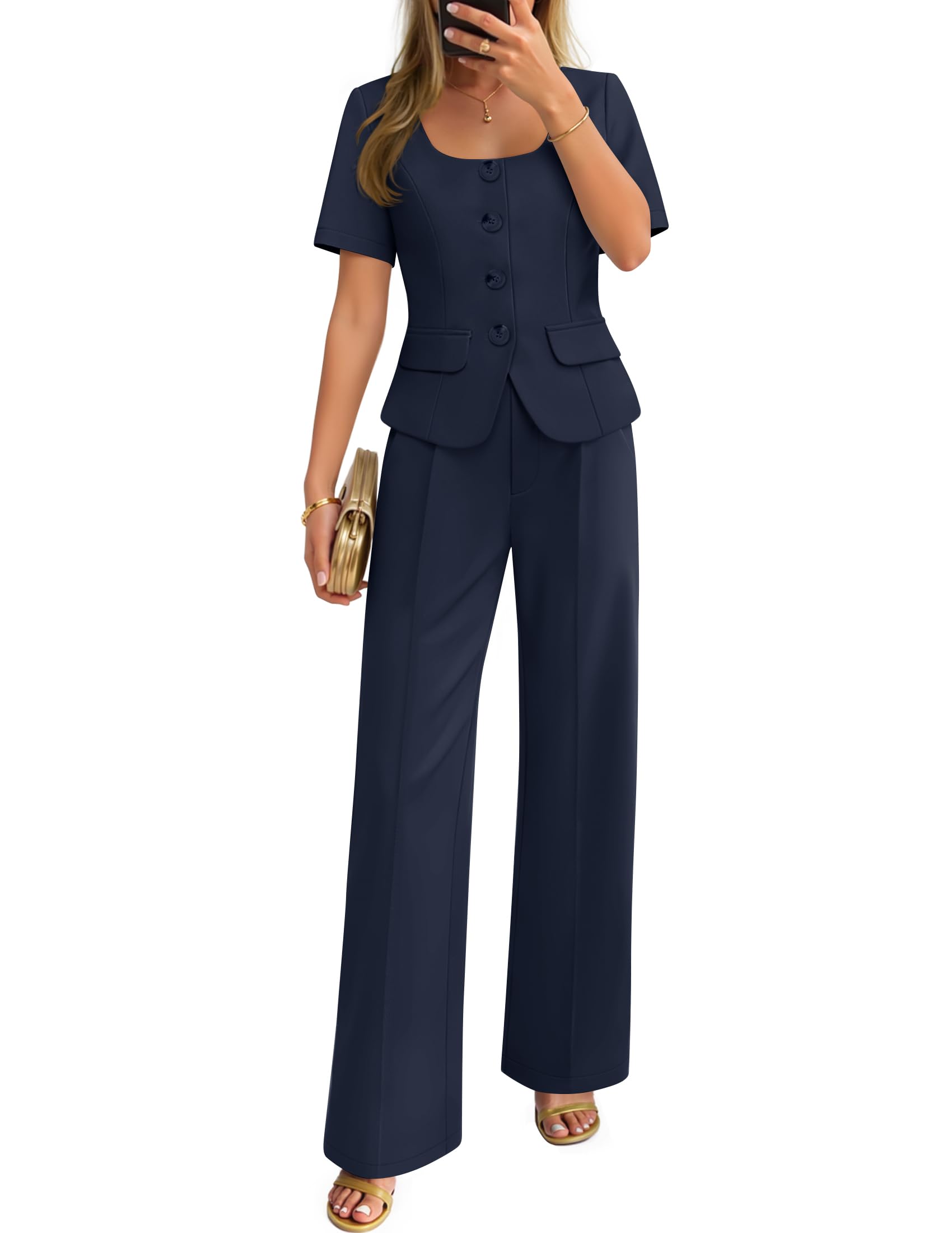 zesica Women's Summer Two Pieces Suits Set 2026 Short Sleeve Blazer Wide Leg Pants Business Casual Outfits Sets-picture-33