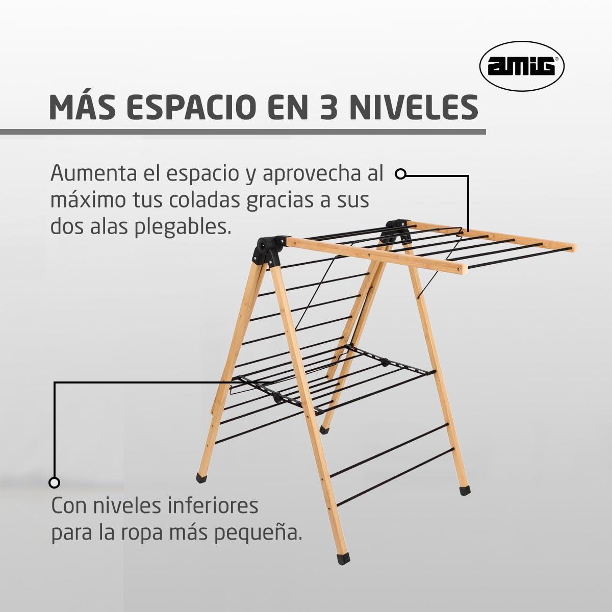 Amig - Tendedero con Alas Plegables Mod. Aeria Naturdry - Acero Epoxi y Bambú - Fácil Montaje y Plegado - 13 m de Espacio de Secado - Medidas 137 x 62 x 92 cm - Color Negro/Bambú