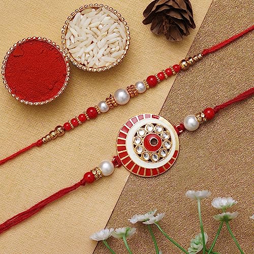 Image of eCraftIndia Set of 2 Green & Golden Shri Krishna and Radha Krishna Playing Flute Designer Religious Rakhis | Roli Chawal Pack | Rakhi for Brother