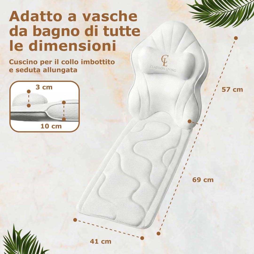 Cuscino Vasca da Bagno per Tutto il Corpo (126x41cm) – Cuscino Bagno con ventose e Poggiatesta (13cm); Supporta Collo, Schiena e Gambe – Incl. borse Lavaggio/Viaggio e Gancio Asciugatura – Bianco