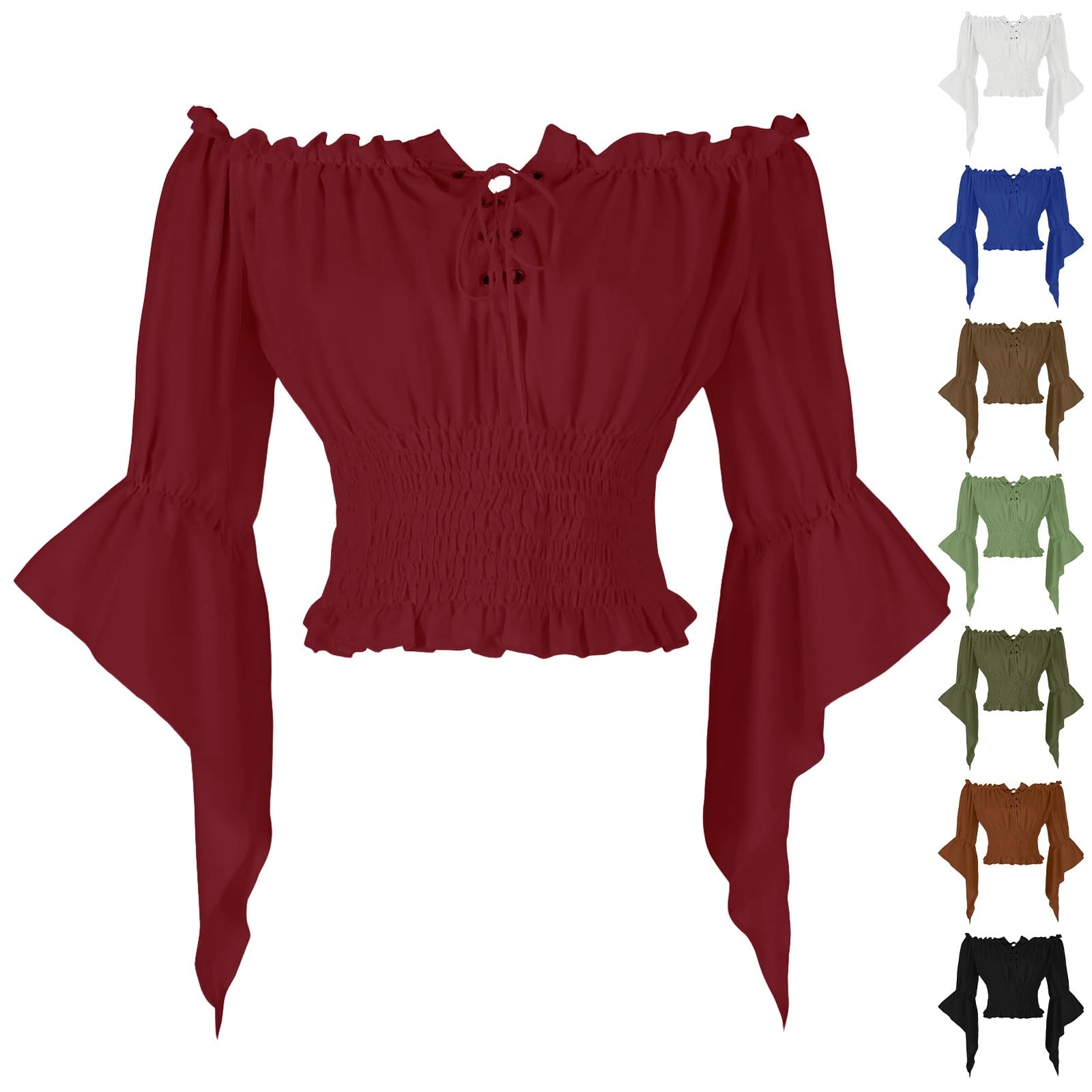 HAOLEI Women Victorian Tops Off Shoulder Ruffle Shirts Elastic Waist Medieval Costumes Renaissance Pirate Trumpet Long Sleeve Peasant Blouses Red