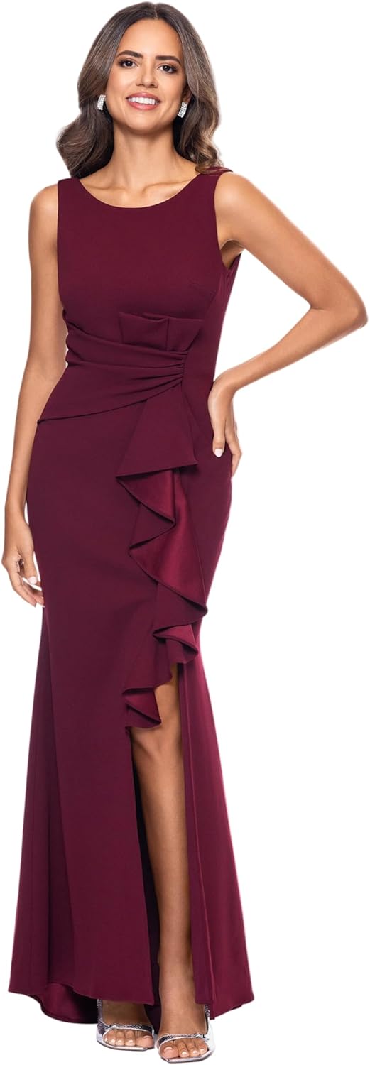 Betsy & Adam Women's Long Sleeveless Boat Neck Ruffle Side Slit Scuba Crepe Gown - Image 4