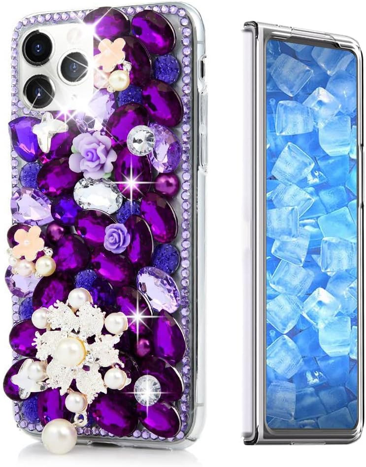 Glitter Phone Case Compatible with Samsung Galaxy Z Fold 3 5G - 3D Luxury Girls Women Shiny Design Handcrafted Cover with Screen Protector (2 Pack Front) - Purple Flower