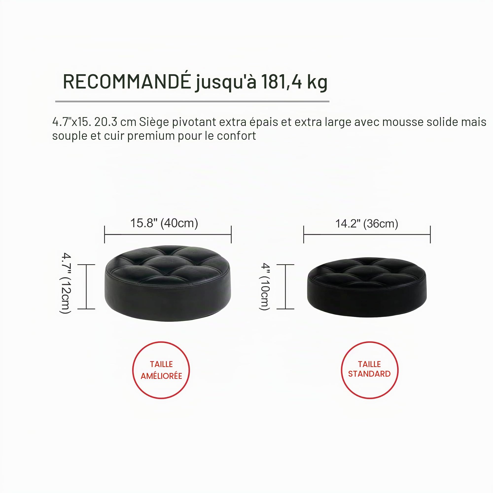 Grace&Grace Tabouret pivotant à Hauteur réglable avec siège Rond Extra Large et Extra épais et Dossier Confortable, Base en métal Robuste pour Salon, Massage, Usine, Boutique