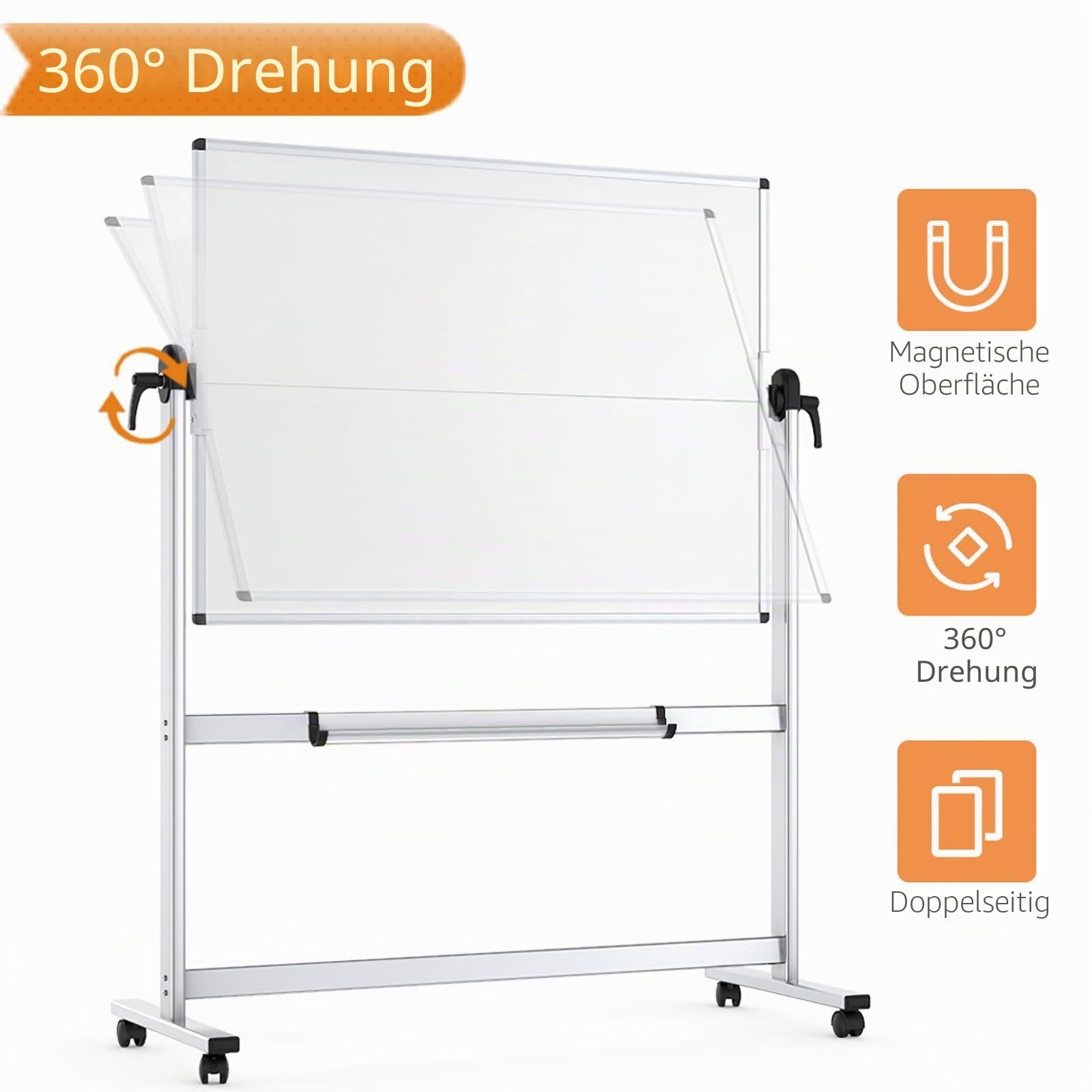 VIZ-PRO Doppelseitiges Mobiles Whiteboard, 120 x 90 cm, Magnetisch, Rollend, Trocken Abwischbar, Whiteboard auf Rädern mit Aluminiumrahmen und Ständer