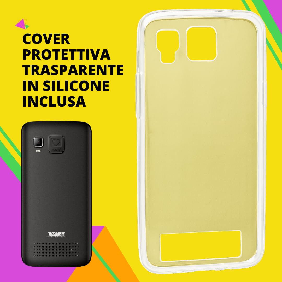 SAIET - Cellulare Smart Senior STS502 - Telefono Per Anziani 4G e Bluetooth -Tasti e Lettere Grandi - Smartphone con Whatsapp e SOS - Cover in Silicone Inclusa - Nero