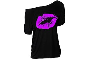 Women Casual Plus Size Sexy Lips Print Off Shoulder Tops Tees with Ruffle Sleeves