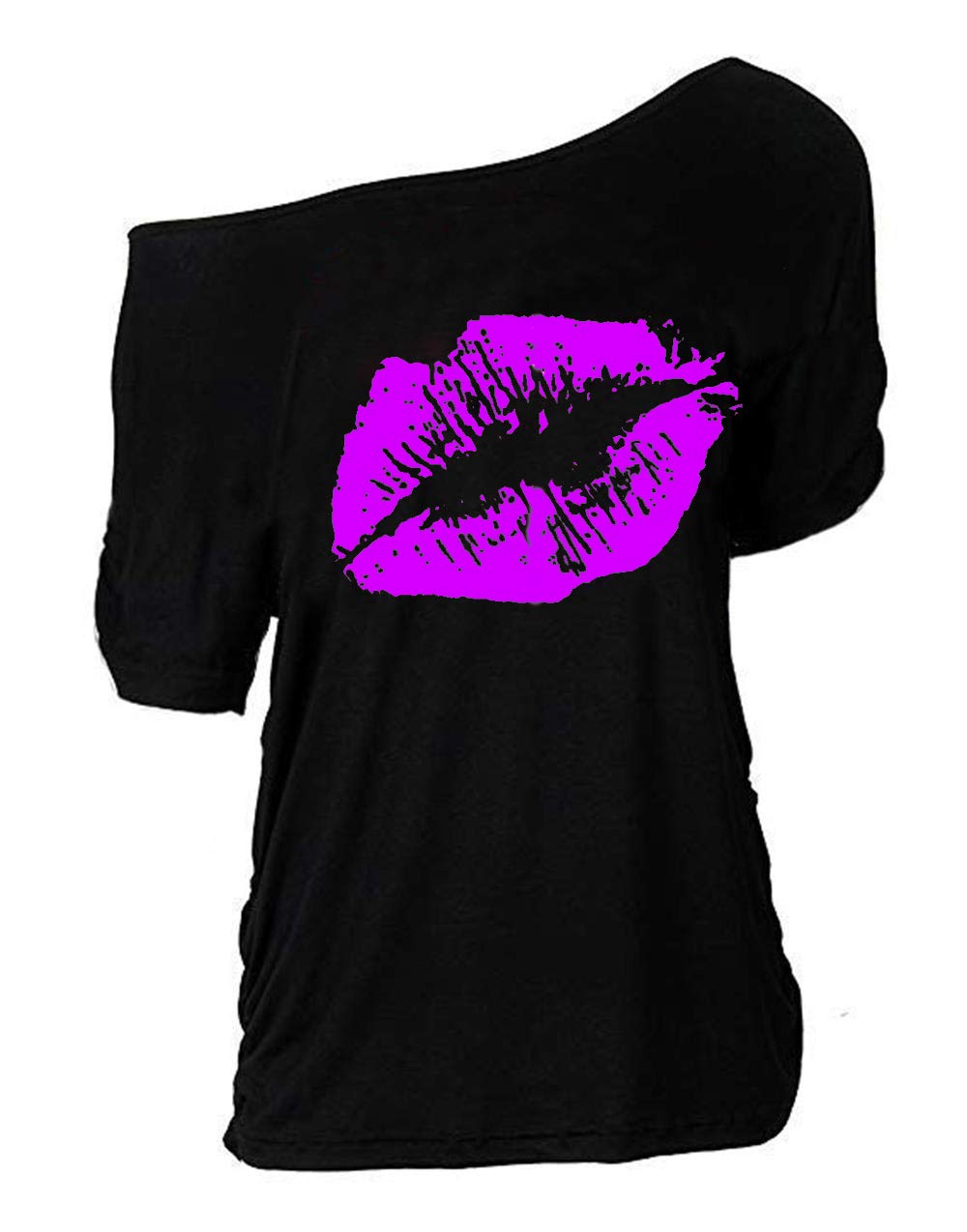 MAGICMK Women Casual Plus Size Lips Print Off Shoulder T-Shirt Tops