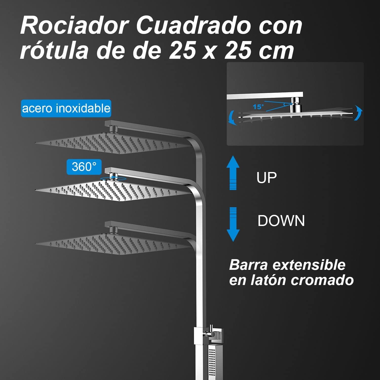Columna ducha Termostática, YOOZENA Duchas de Baño Columna Alcachofa de Ducha con Manguera,Regulable en acero inoxidable Cromado Cuadrada