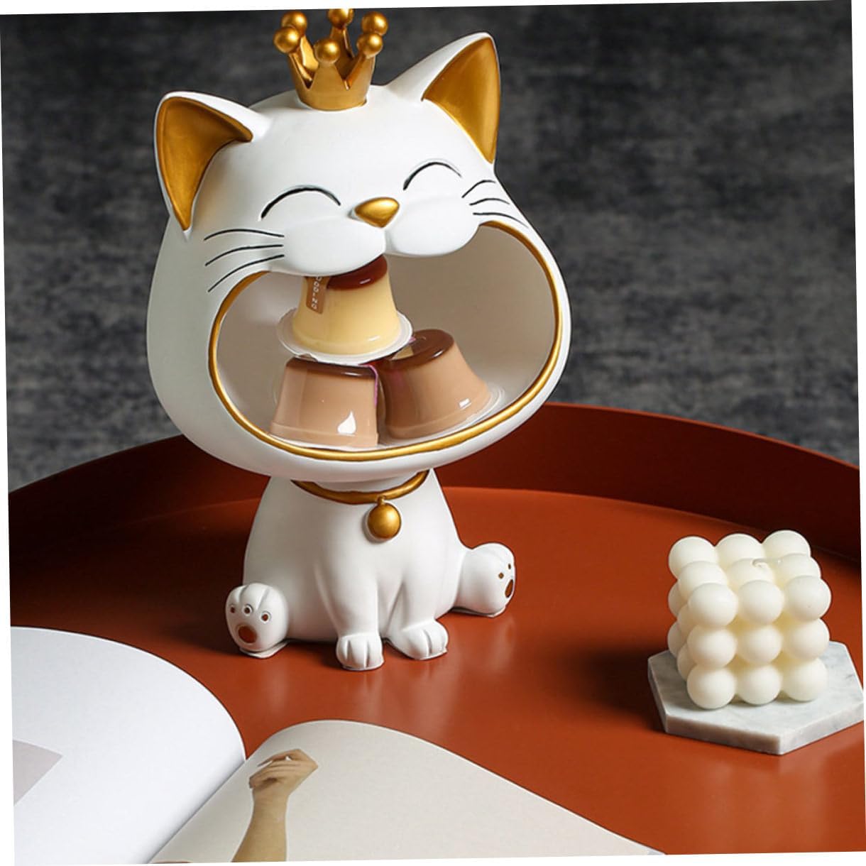 VANZACK Cat Shaped Resin Storage Tray Key Jewelry Organizer White Decorative Ornament Home Desktop Adornment for Entryway and Living Room