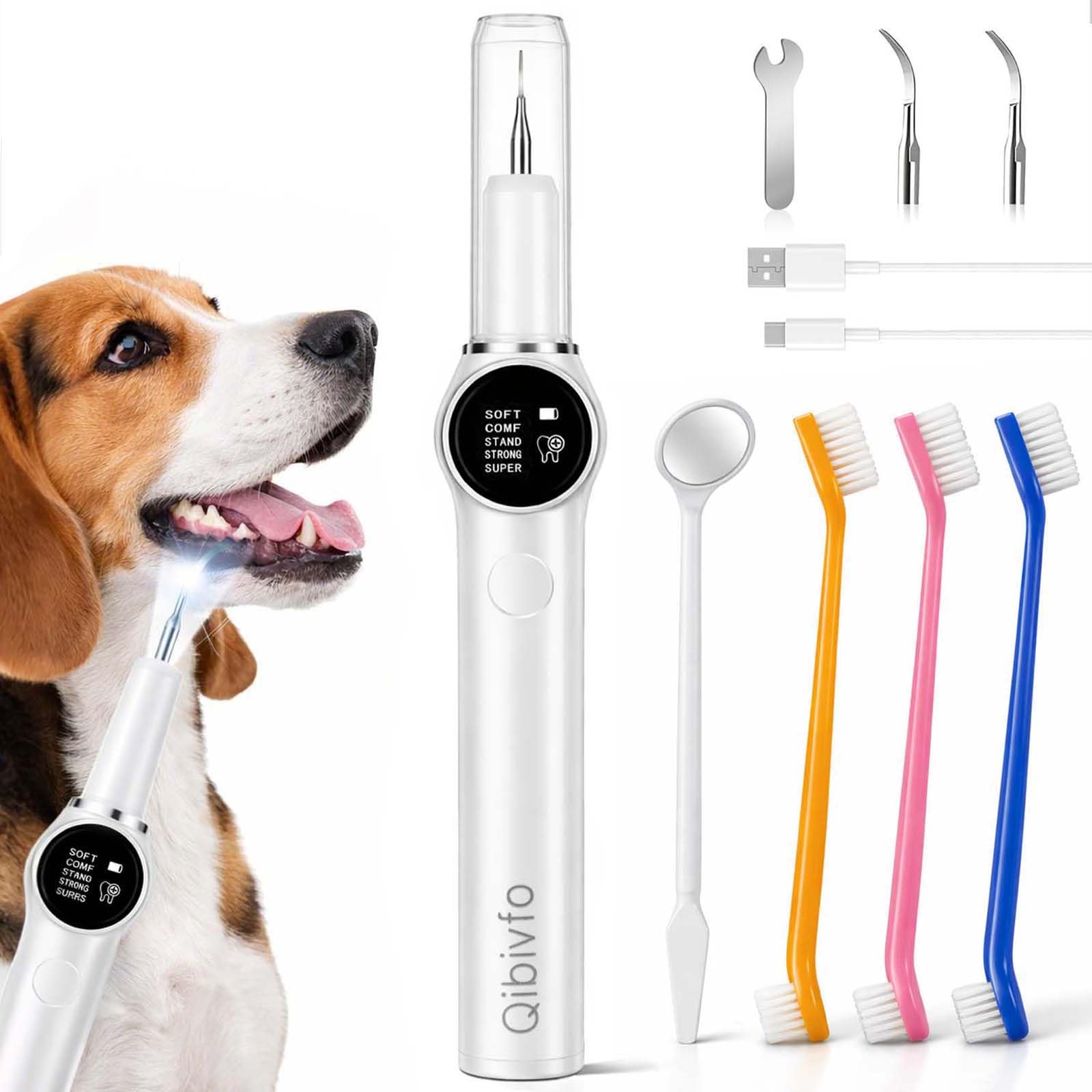 Eliminador de Sarro para Perros y Gatos, Kit Limpieza Dental Mascotas con 5 Modos, Quita Placa y Mal Aliento, Limpiador Dental Eléctrico con LED, Recargable
