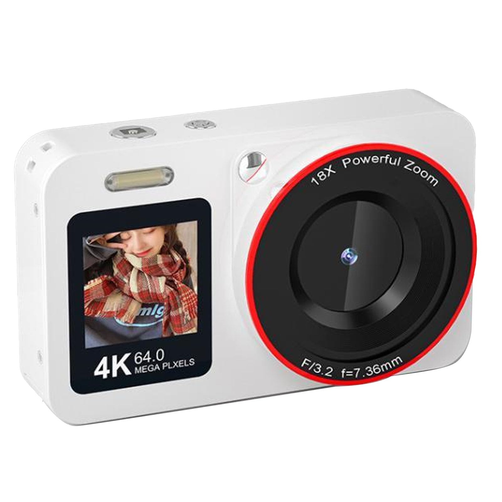 VBESTLIFE Fotocamera Digitale 4K per Fotografia, Fotocamera Selfie con Doppio Schermo HD da 64 MP e Zoom 18X, Flash Integrato, per Studenti Principianti e Adolescenti (WHITE)