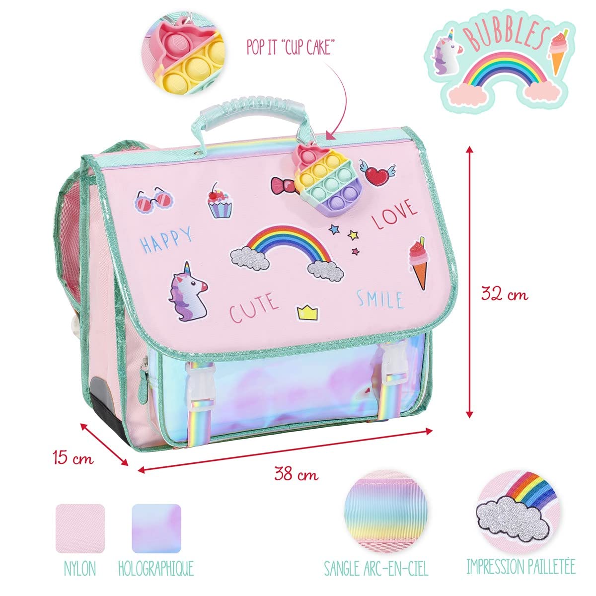 Viquel - Cartable Primaire Bubbles avec Pop-it - Cartable Fille Licorne 2 Compartiments - Rose Sac Scolaire Ergonomique avec Bandes réfléchissantes, Compartiments Multiples
