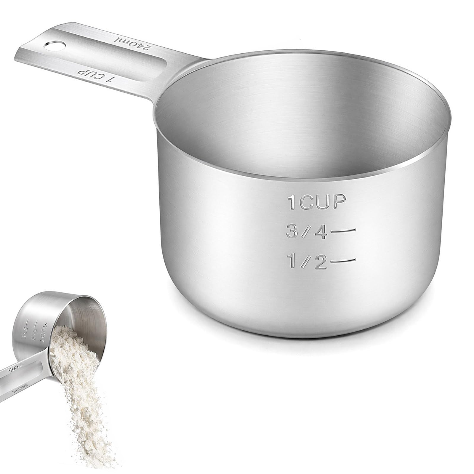 1 Cup Stainless Steel Measuring Cups, 240ml Metal Measure Cup with Handle, Precise Dog Food Scoop and Rice Measuring Cup for Wet Dry Ingredients, Cooking and Baking, Dishwasher Safe