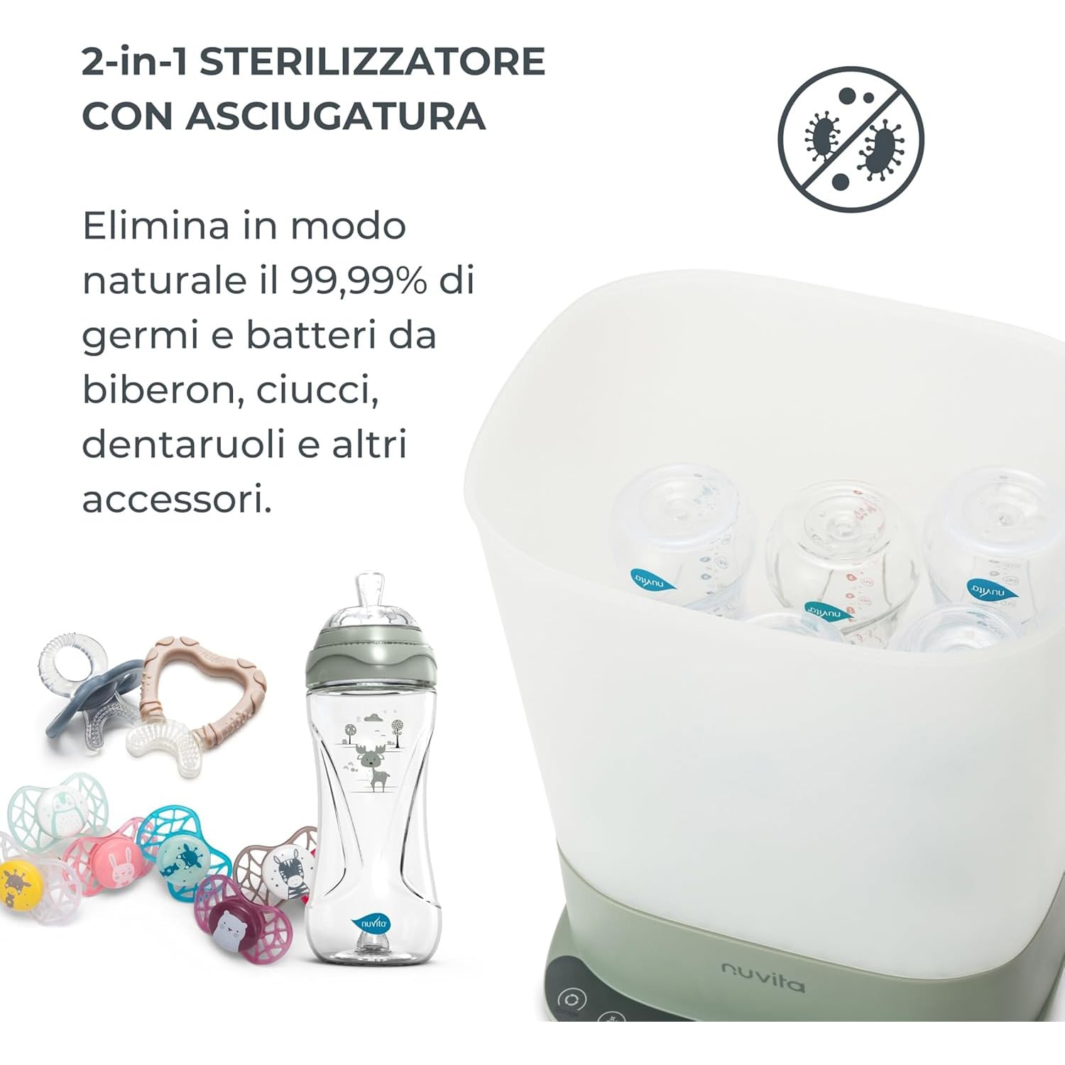 Nuvita 1088 Sterylizator i suszarka do butelek 2 w 1 - sterylizacja parą 99,99%, oczyszczony filtr HEPA, sterylne przechowywanie 72H, duża pojemność, timer