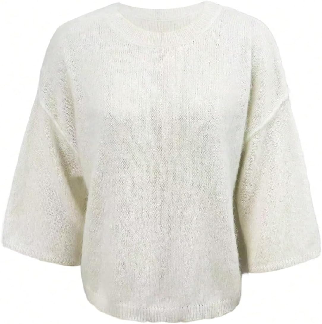 SHENHE Women's Solid Color Crewneck Off Shoulder 3/4 Sleeve Mohair Lightweight Pullover Sweater - Image 5