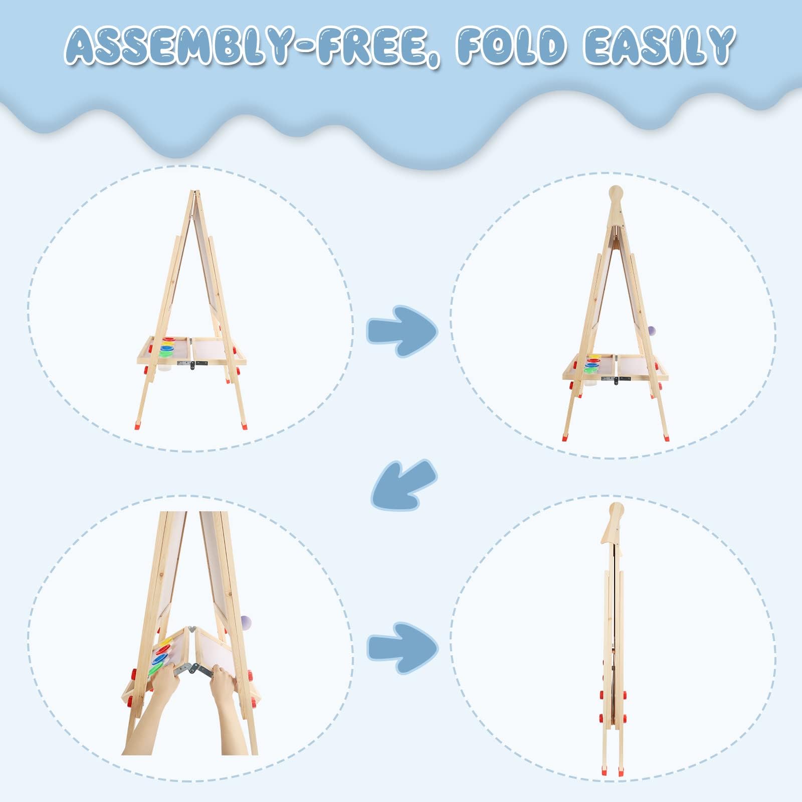 Dripex Bambini con Cavalletto pieghevole in Legno Regolabile in Altezza, Lavagna a Doppia Faccia con 26 Accessori per la pitturaper(49x49x88-105cm)