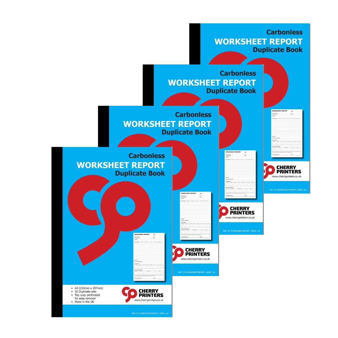 Cherry Printers | Worksheet Report 2pt A4 | Duplicate Job Sheet Book | 50 Numbered Sets | Contractor Job Sheets | Service Engineer Worksheet Pad | Perforated Work Order Book UK | **4 Pack**