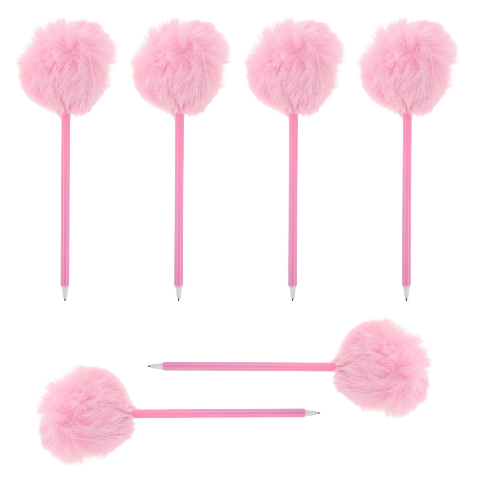 SUPVOX 6pcs Plush Pom Pom Ballpoint Pens Set - Pink Kawaii Writing Toppers for Girls - Fluffy Novelty Pens for School Office and Birthday Party Favours - Stationery Gift